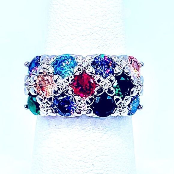 NEW! COLORFUL RAINBOW 🌈 FLORAL AUSTRIAN CRYSTAL S925 ADJUSTABLE RING! - Picture 12 of 13